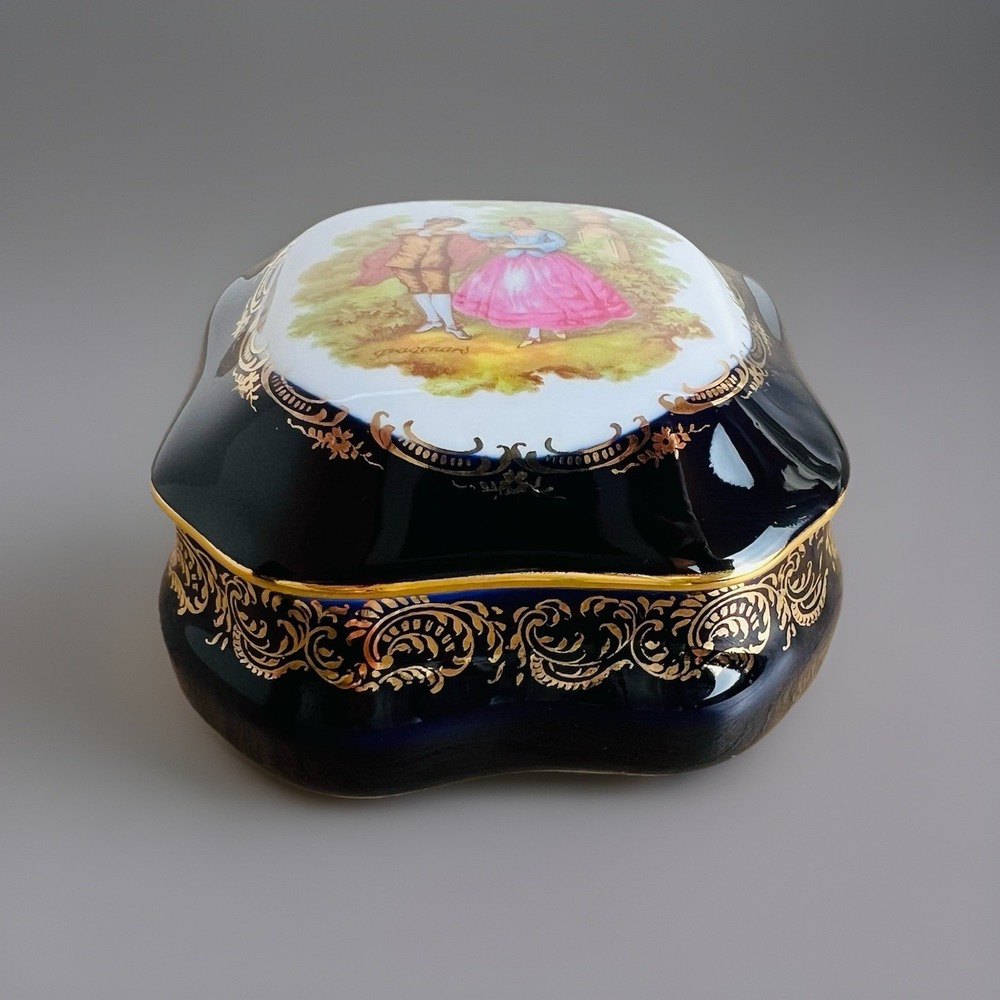 d'Art Limoges France Cobalt Blue Gold Porcelain Jewelry Trinket Box Vintage